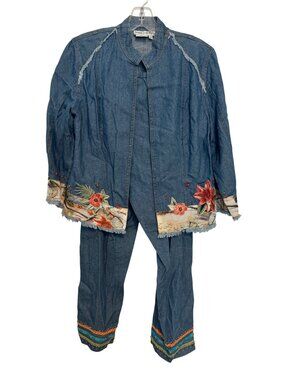 vintage Nancy Bolen City Girl Embroidered Denim Jacket & Pant Set Size 8